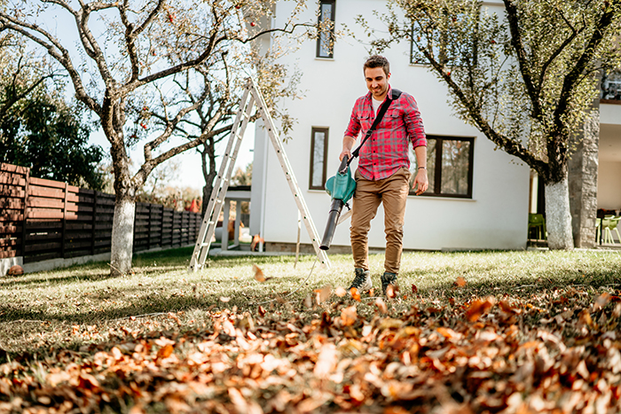 Portrait of male using garden blower, home gardening details